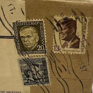 Vintage Box With Lincoln 4 Cent Stamp, JFK 13 Cent Stamp, George Marshall Stamp‎